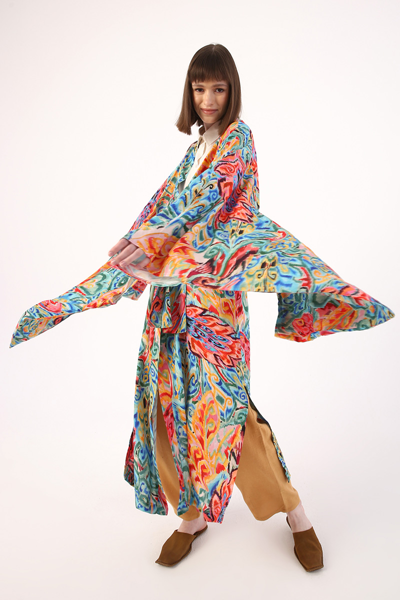 Bol Kollu Desenli Uzun Kimono