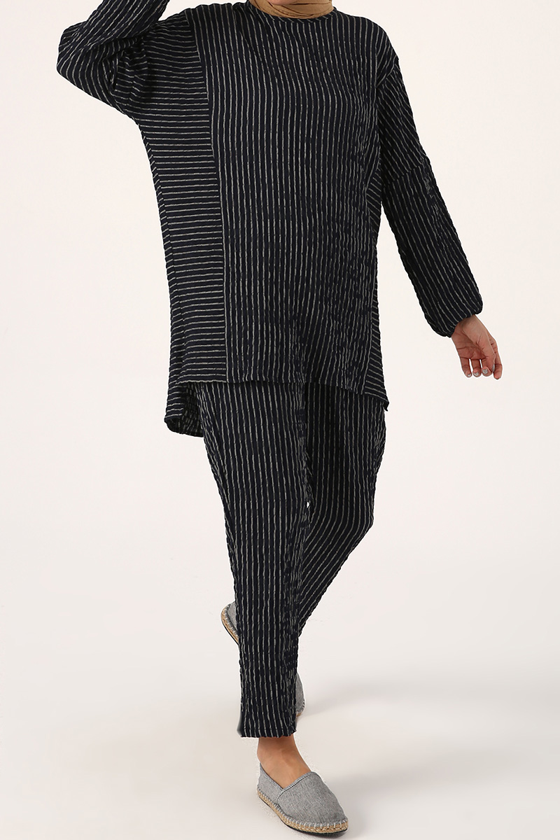 Crew Neck Striped Blouse and Pants Set