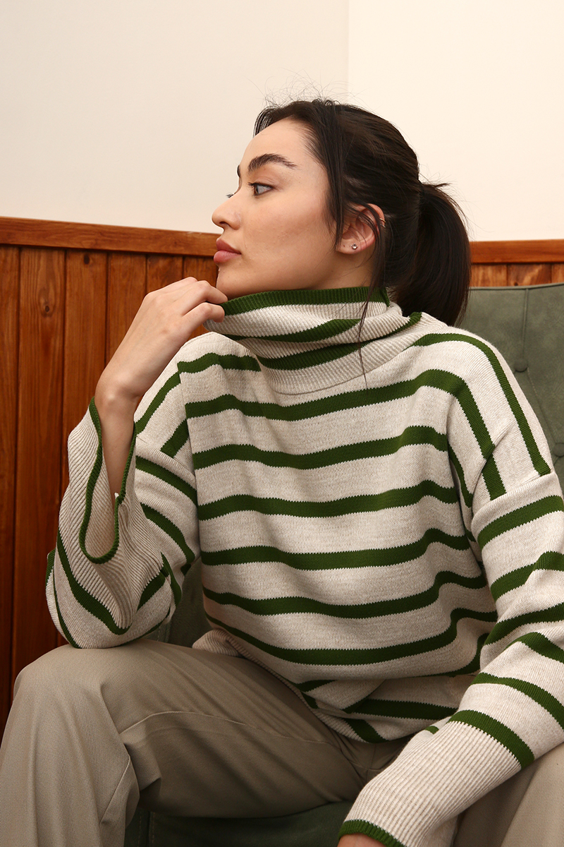 Drop Shoulder Striped Polo Neck Pullover