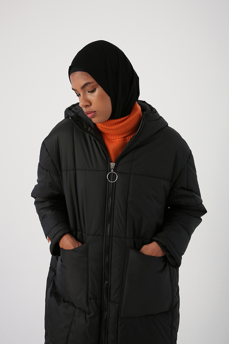 Oversize Zippered Hooded Quilted Coat