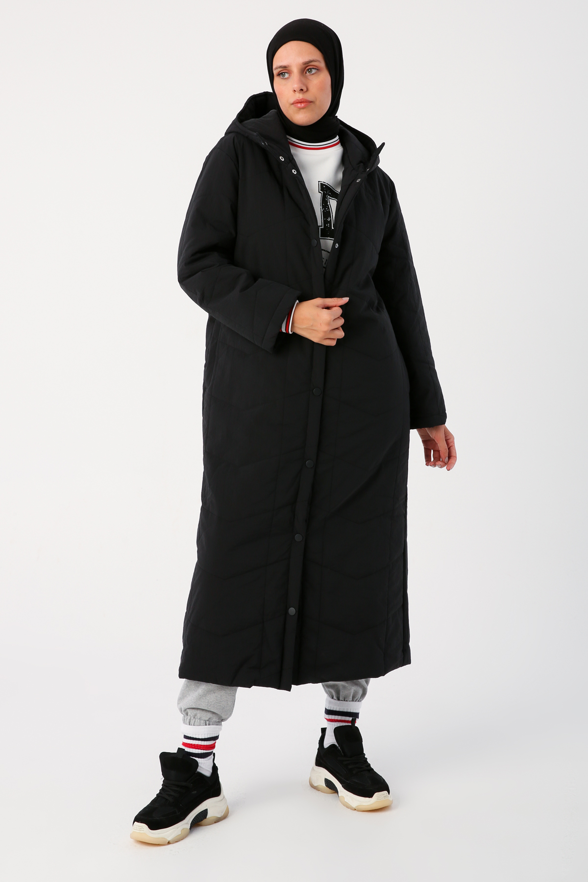 Hooded Long Quilted Coat with Snaps