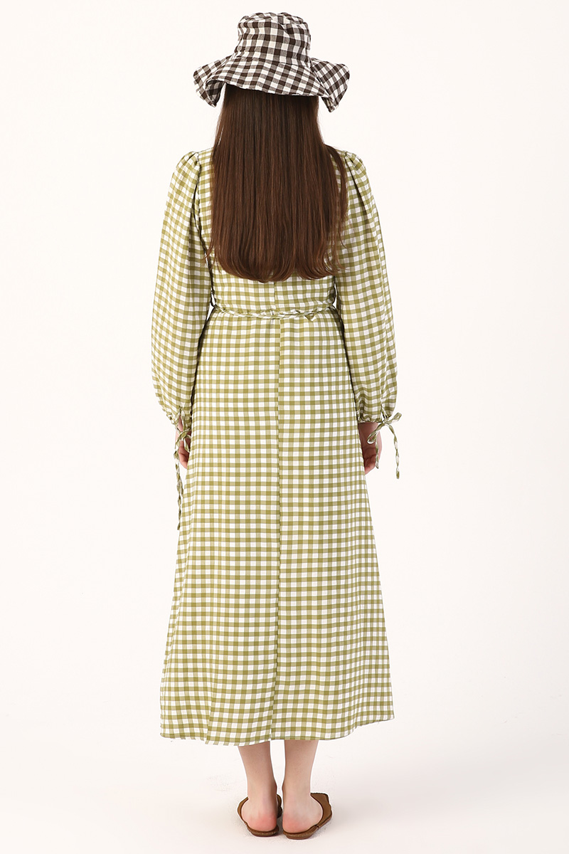 Kareli Kolları Bağcıklı Elbise