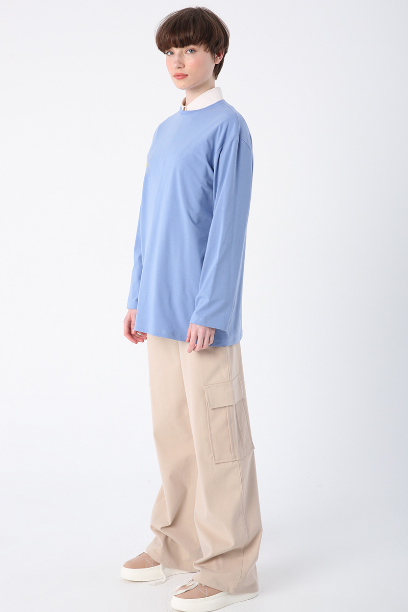 Pamuklu Çiçek Nakışlı Uzun Kollu Basic T-Shirt Tunik