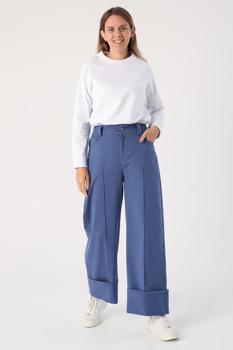 Cotton Wide Leg Pleated Trousers