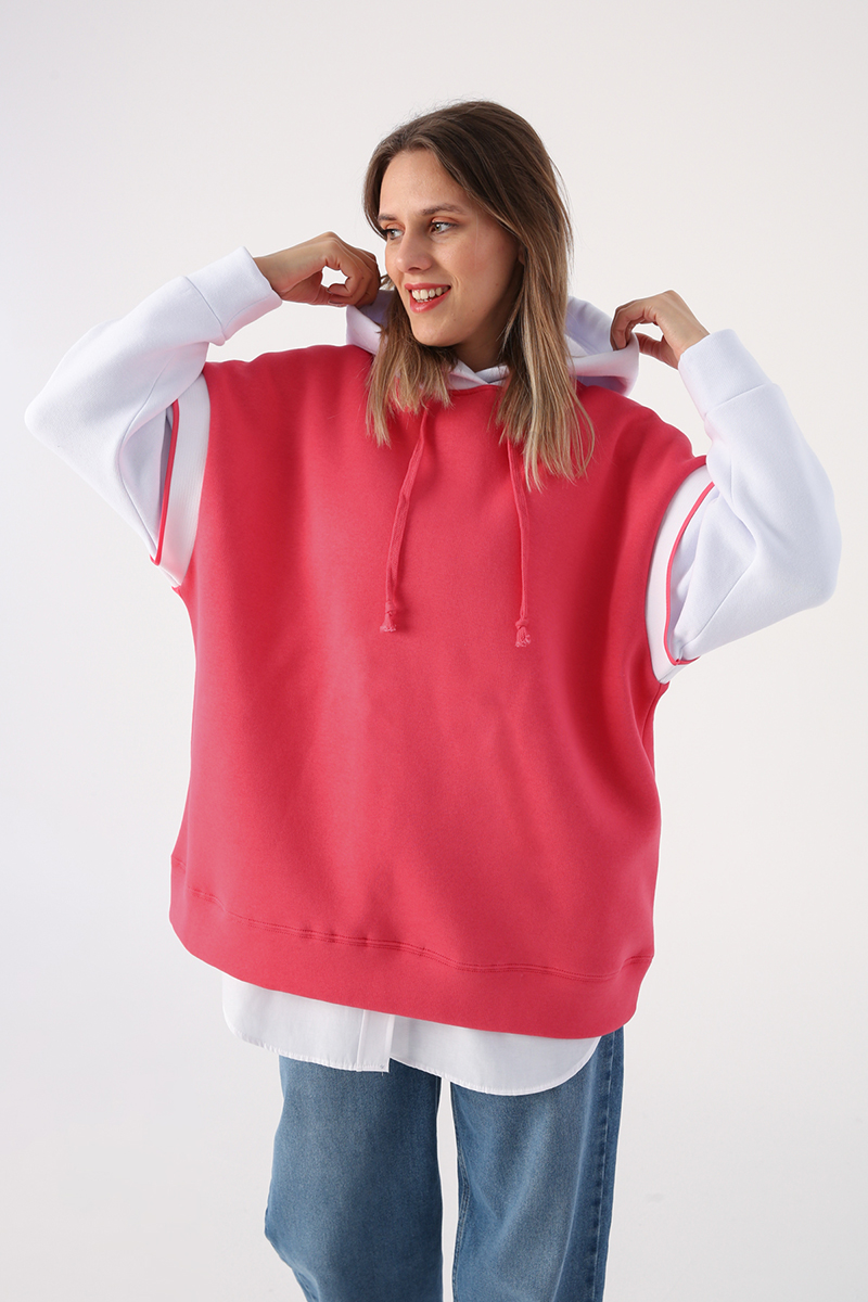 Şardonlu Ribanalı Kapüşonlu Oversize Sweatshirt