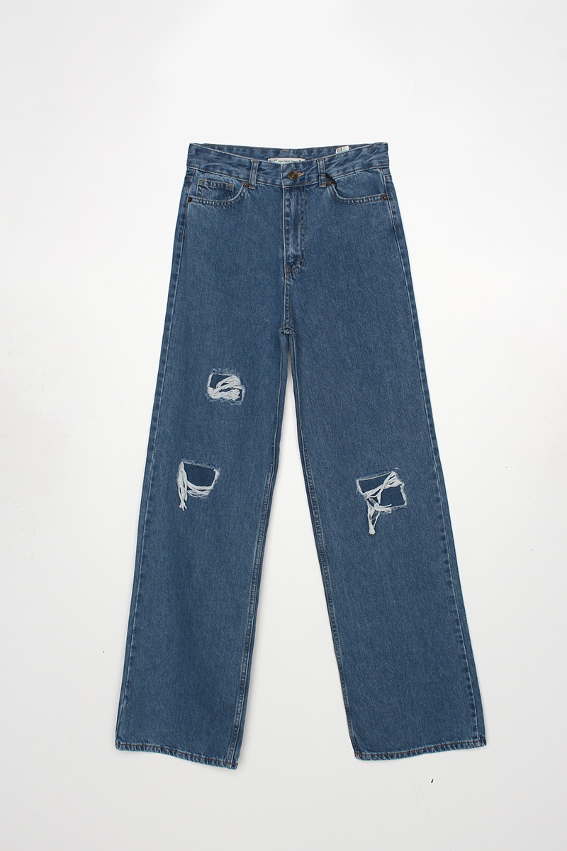  100% Cotton High Waist Ripped Detail Jean Pants